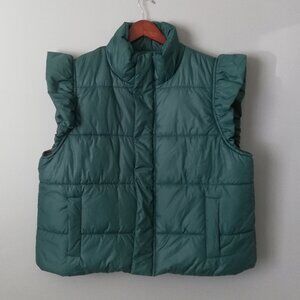 Oddy Wit & Fox Green Teal Women's Puffer Vest with Ruffles - XL